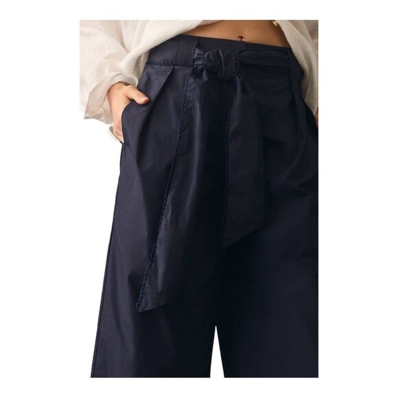 Anthropologie En Saison Marin Navy Wide Leg Embroidered Belt Trousers Large - Picture 4 of 8